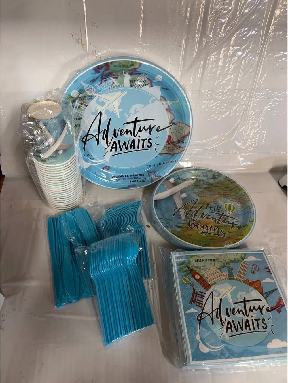 96pc Adventure Awaits Travel Party Set Plates Napkins Forks 24 Guests